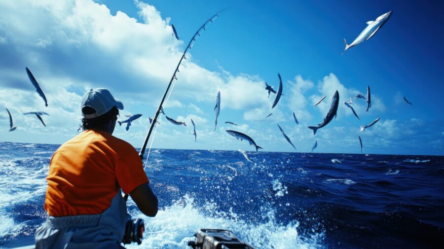 A fisherman on a boat with many fish jumping out of the water around him.