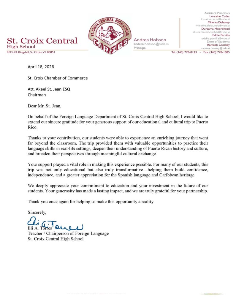 letter from Eli A Torres to St Croix Chamber